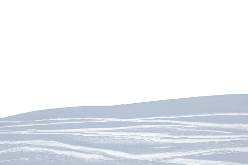 Ski slope with ski tracks on white background.