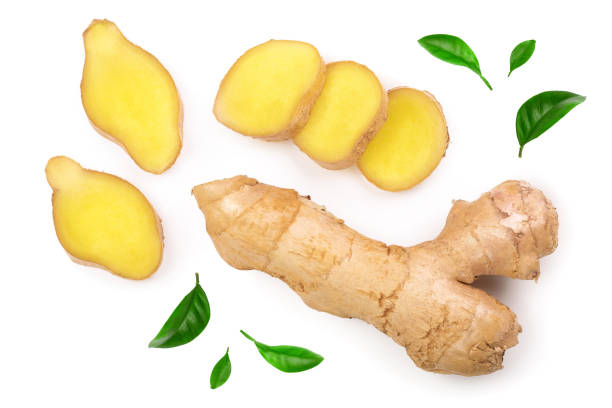 istock fresh Ginger root and slice isolated on white background. Top view. Flat lay 1175285895