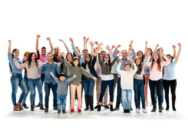 istock Large group of people celebrating with arms up at the studio 1175286020