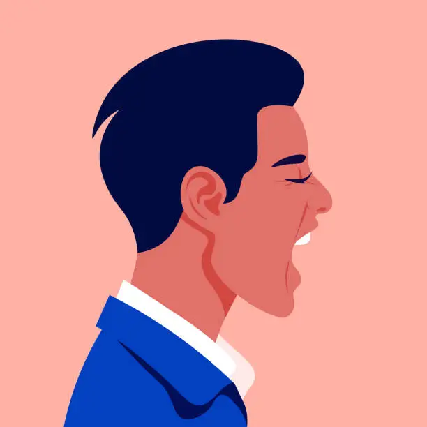 Vector illustration of Screaming man's face in profile. Head of a guy in stress on the side. Aggression and irritation. Vector flat illustration