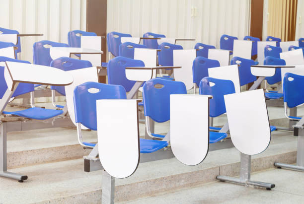 istock row lecture chair plastic blue in class meeting room on terrazzo floor : Select focus with shallow depth of field 1175289174