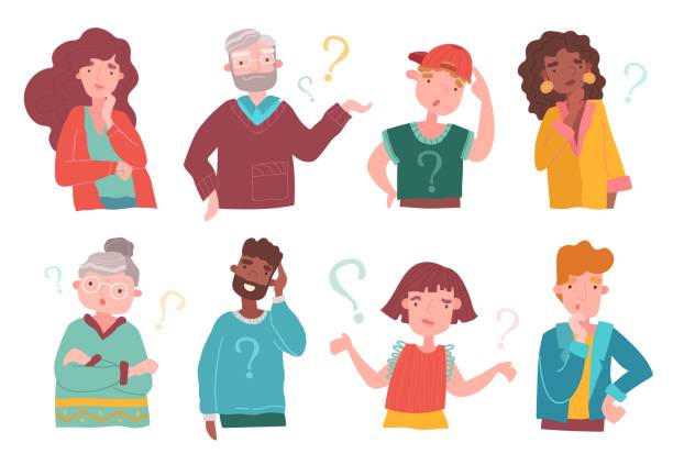 Set of colorful cartoon people deep in thought Set of eight colorful multiracial cartoon people deep in thought, some with question marks, some thinking scratching their heads, vector illustration support clipart stock illustrations