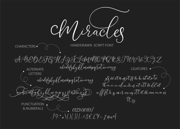 Hand drawn vector alphabet with letters, numbers, symbols. Hand drawn vector alphabet ABC with alternates, ligatures, letters, numbers, symbols. For calligraphy, lettering, hand made quotes. script stock illustrations