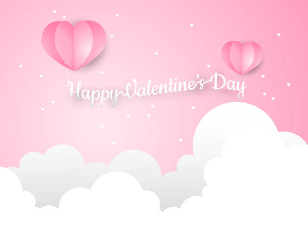 kształt float z tekstem happy valentines day i uroczym maleńkim sercem na różowym niebie z białą chmurą. ilustracja wektorowa w stylu cięcia papieru. - heart shape line art valentines day love stock illustrations