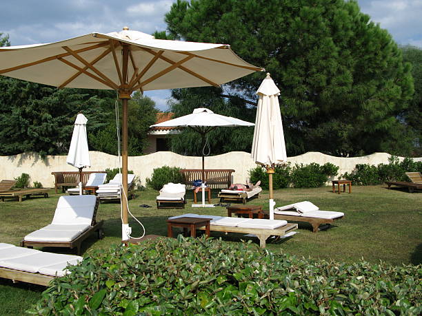 istock Sunchairs and white  umbrella 117529226