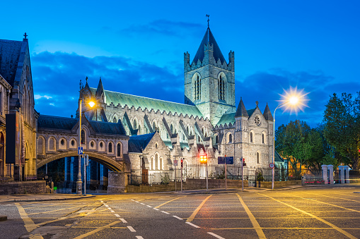 Stock photograph of the landmark Christ Church Cathedral in Dublin Ireland at twilight blue hour.