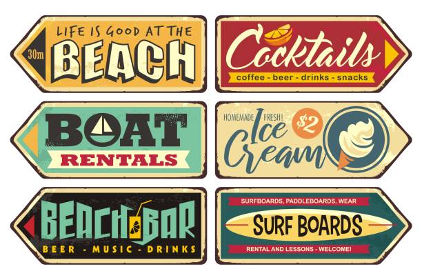 Summer signs collection Summer signs collection. Beach, cocktails, ice cream, boat rentals, beach bar, surf boards. Seasonal posters and sign boards collection. Retro vector ads. Vintage illustrations. beach bar stock illustrations