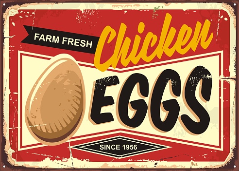 Farm fresh chicken eggs vintage promotional sign design. Retro advertisement for grocery store or farm products. Organic food ad.