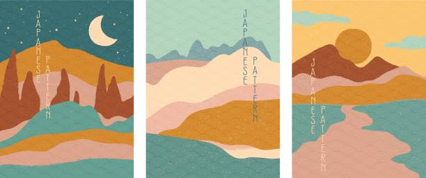 Triptych of simple stylised minimalist Japanese landscapes Triptych of simple stylised minimalist Japanese landscapes in muted colors, abstract elements. Vector illustration wave water silhouettes stock illustrations