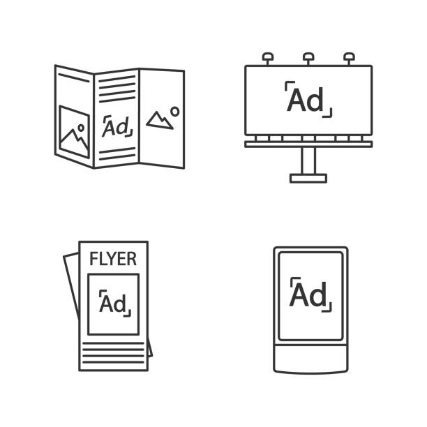 Advertising channels linear icons set Advertising channels linear icons set. Brochure, billboard, street advertising lightbox. Thin line contour symbols. Isolated vector outline illustrations. Editable stroke lightbox illustrations stock illustrations