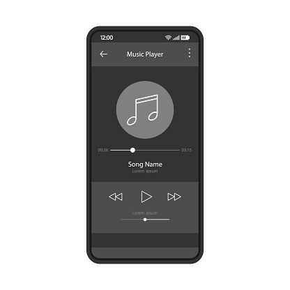 Music player app interface vector color template. Mobile application page black design layout. Media player navigation screen. Flat UI, GUI. Playing audio, radio. Phone display