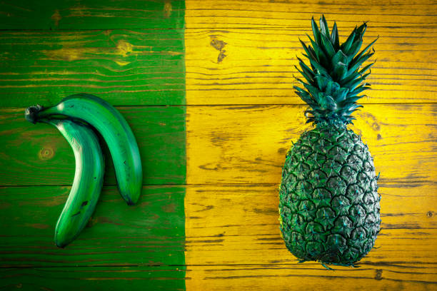 Altered color banana fruit on wood backgorund