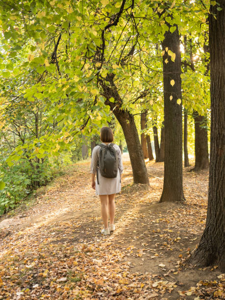 istock Woman walking alone in park during autumn sunny day 1175296512