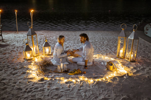 istock Couple on a romantic dinner on the beach at dusk 1175298288
