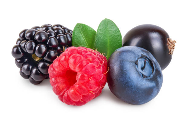 istock mix of blackberry blueberry raspberry black currant with leaf isolated on white background. 1175299364
