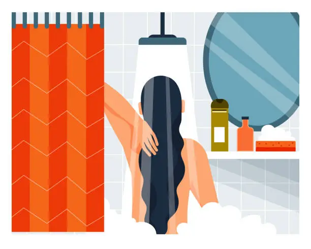 Vector illustration of Daily life. Woman taking a shower. Vector illustration. Cartoon character.
