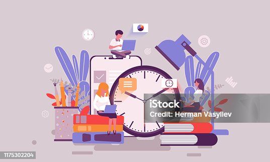 istock Flat web page design template of time management homepage or header decorated people character 1175302204