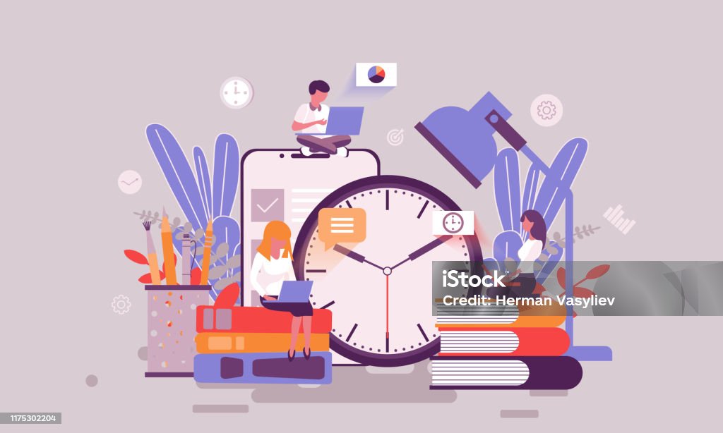 Flat web page design template of time management homepage or header decorated people character Flat web page design template of time management homepage or header decorated people character for website and mobile website development. Flat landing page template. Vector illustration. Education stock vector