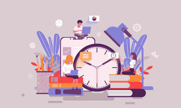 Flat web page design template of time management homepage or header decorated people character Flat web page design template of time management homepage or header decorated people character for website and mobile website development. Flat landing page template. Vector illustration. computer programming desk stock illustrations