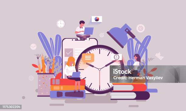 Flat Web Page Design Template Of Time Management Homepage Or Header Decorated People Character Stock Illustration - Download Image Now