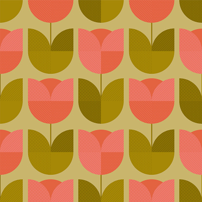 Ð¡ute vintage geometric floral seamless pattern. Tulip flower shape coral and green rapport for background, wrap, fabric, textile, wrap, surface, web and print design.