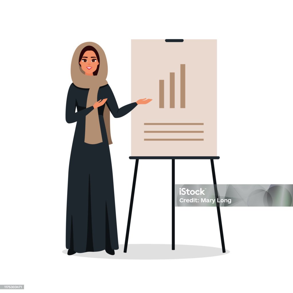 A Saudi Woman Makes A Presentation And Points To A Chart Board Stock  Illustration - Download Image Now - iStock