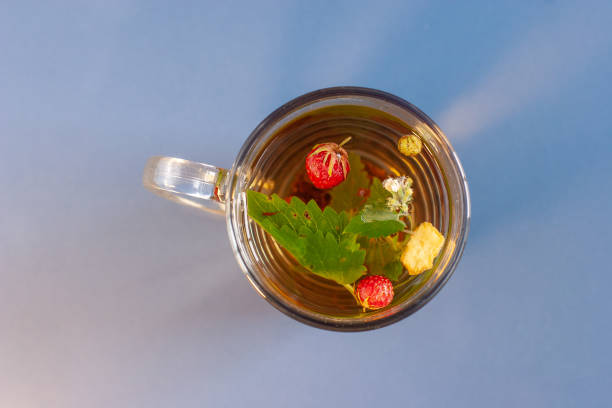 Still life of a mug of herbal tea on blue ceramic tiles with dust texture. Strawberry leaves and berries are floating in the cup. Top view.