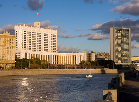 The White House, also known as the Russian White House, is a government building in Moscow. It was designed by the architects Dmitry Chechulin and P. Shteller. Construction started in 1965 and ended in 1981. Overall design follows Chechulin's 1934 draft of the Aeroflot building.