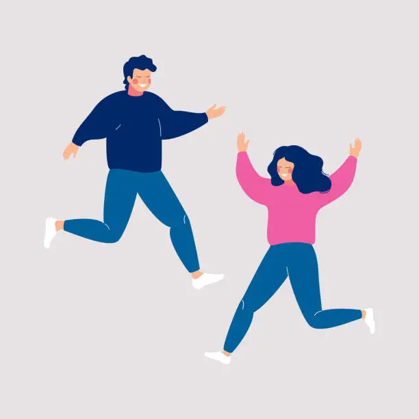 Vector illustration of Couple of happy people jumping with raised hands on a light background