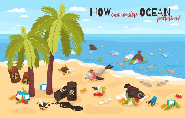 ilustraciones, imágenes clip art, dibujos animados e iconos de stock de ilustración isométrica de stop ocean pollution - pollution sea toxic waste garbage