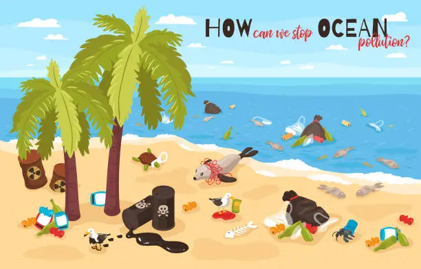Vector illustration of Stop Ocean Pollution Isometric Illustration
