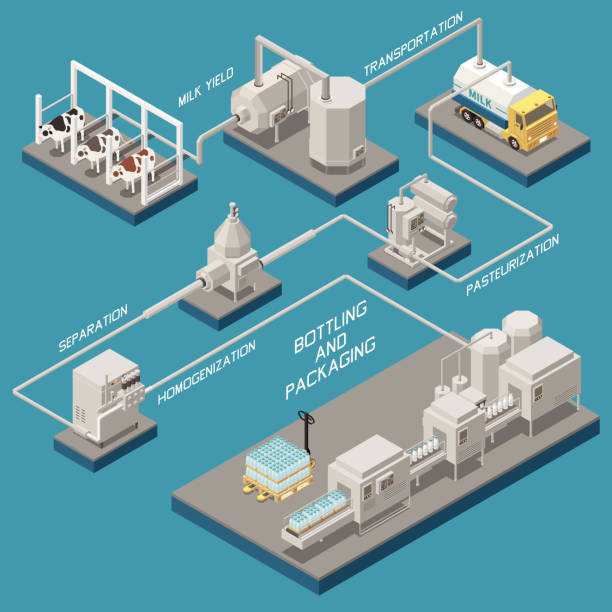 ilustraciones, imágenes clip art, dibujos animados e iconos de stock de diagrama de flujo isométrico de producción de leche - bottling plant industry drink food processing plant