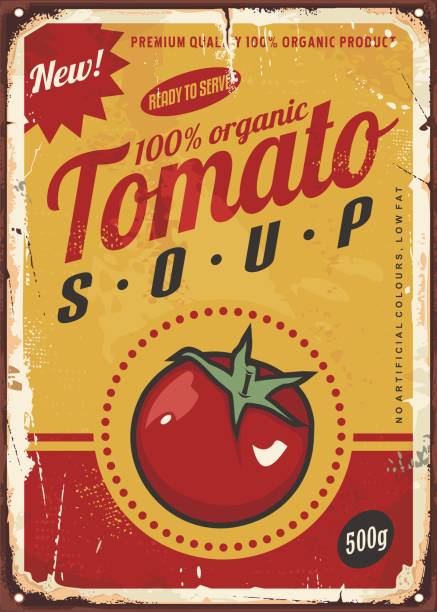 bildbanksillustrationer, clip art samt tecknat material och ikoner med tomatsoppa vintage metall skylt bild - tomatsoppa
