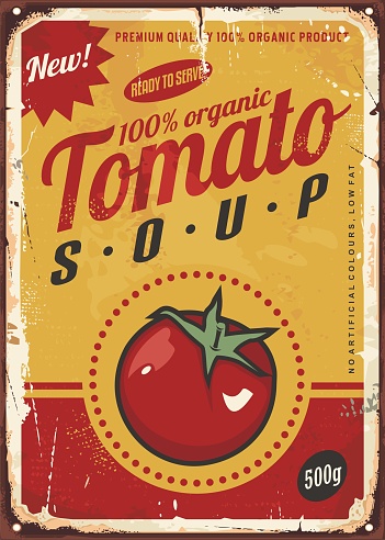 Tomato soup vintage metal sign image with juicy red tomato and creative typography. Promotional food ad design concept. Vector illustration on old rusty damaged background.
