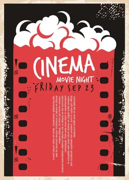 Vector illustration of Cinema movie poster with film strip and pop corn