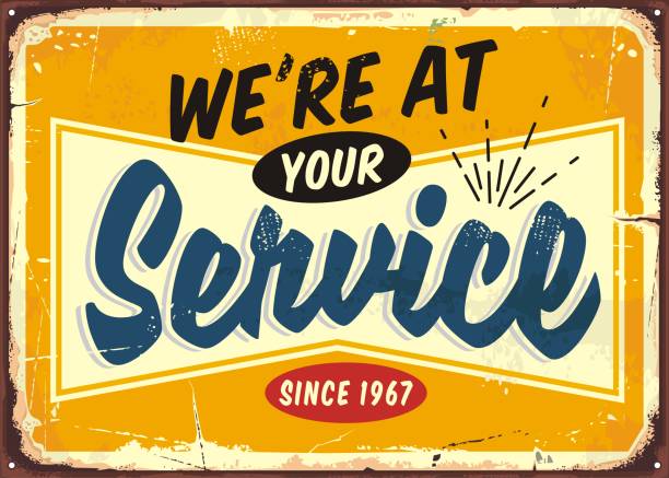 ilustrações de stock, clip art, desenhos animados e ícones de we are at your service retro store sign design template. - retro revival bar restaurant sign
