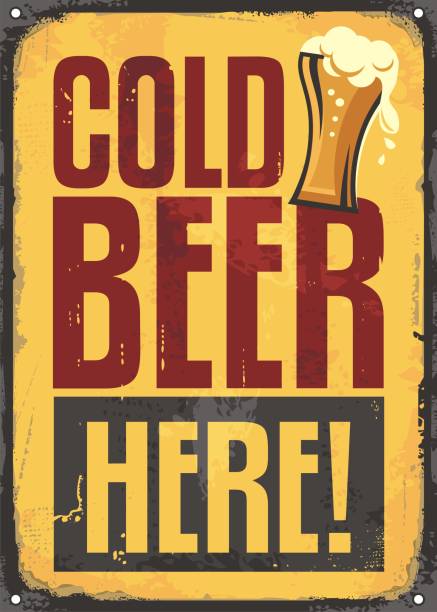Cold beer here retro tin sign on yellow scratched background Cold beer here retro tin sign on yellow scratched background. Vintage pub sign with beer glass and promotional message. Vector illustration. beer brands stock illustrations