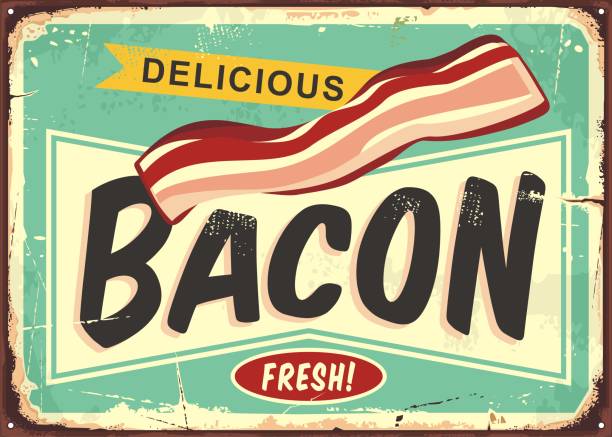 Delicious bacon retro sign Delicious bacon retro sign. Fresh smoked meat product promo poster. Vector comic style butchery shop illustration. 1930s style stock illustrations