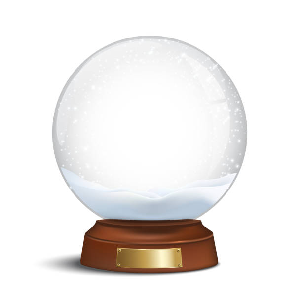istock Snow globe with shiny snow and golden badge on brown wooden base. Vector Christmas design element. 1175309653