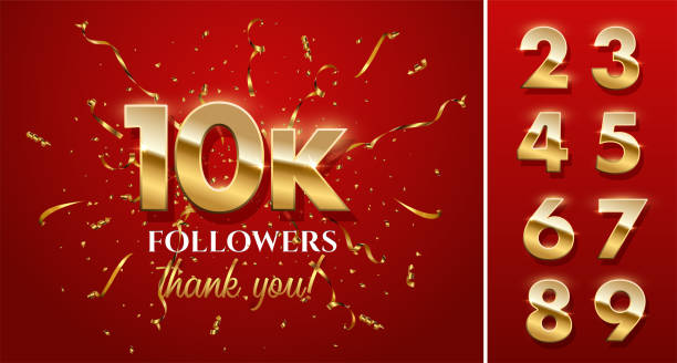 10k followers celebration vector banner with text and numbers set 10000 followers celebration vector banner with text and numbers set. Social media achievement poster. 10k followers thank you lettering. Golden sparkling confetti ribbons. number 10000 stock illustrations