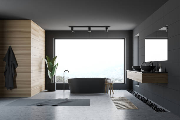 istock Gray and wooden panoramic bathroom 1175310455