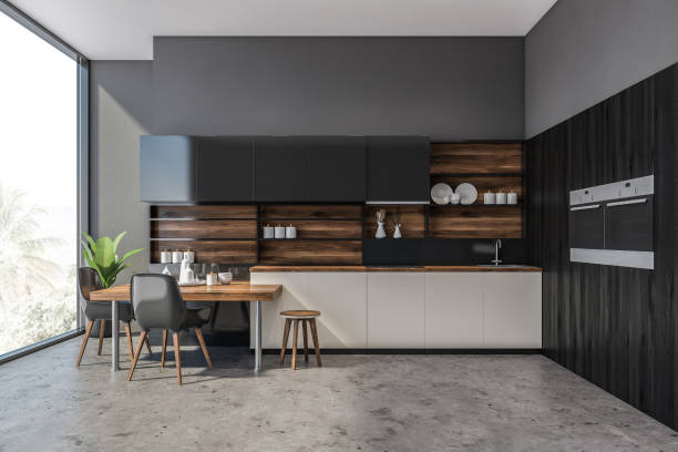 istock Gray and wooden kitchen interior with stoves 1175310504