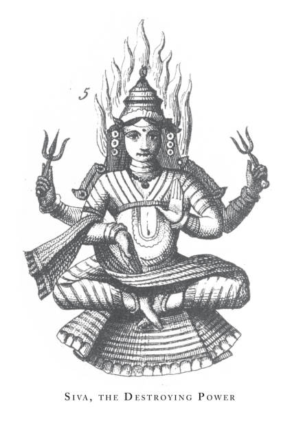 illustrazioni stock, clip art, cartoni animati e icone di tendenza di siva, the destroying power, simboli religiosi indù e buddisti e attrezzi religiosi incisione illustrazione antica, pubblicato nel 1851 - shiva hindu god statue dancing