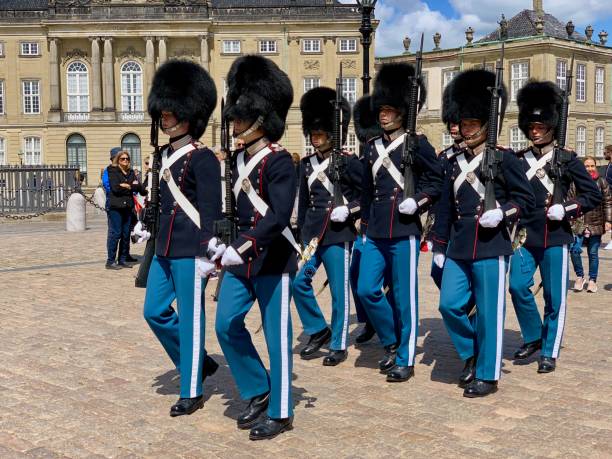 cambio della guardia reale al palazzo di amalienborg a copenaghen - honor guard protection security guard tourist foto e immagini stock