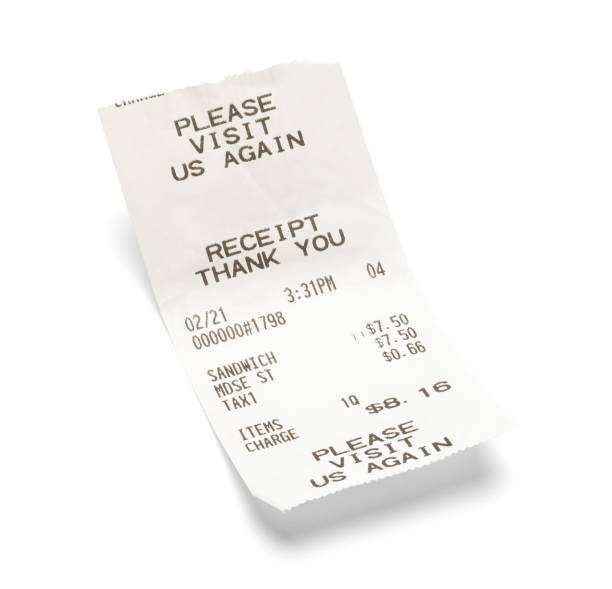 Sandwich Receipt Fast Food Sandwich Receipt Isolated on White. cash register photos stock pictures, royalty-free photos & images