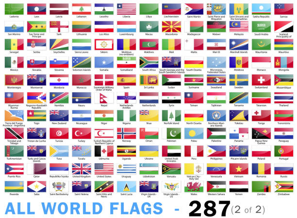 world all flags - komplette sammlung - 287 artikel - teil 2 von 2 - flag countries symbol scandinavian stock-grafiken, -clipart, -cartoons und -symbole