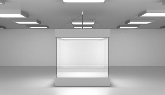 Empty modern gallery space with bright showcase