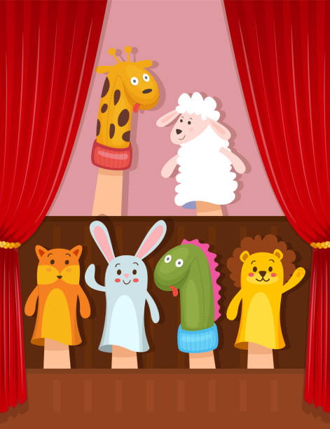 Set of hand puppets Set of hand animal puppets acting on the stage puppet stock illustrations