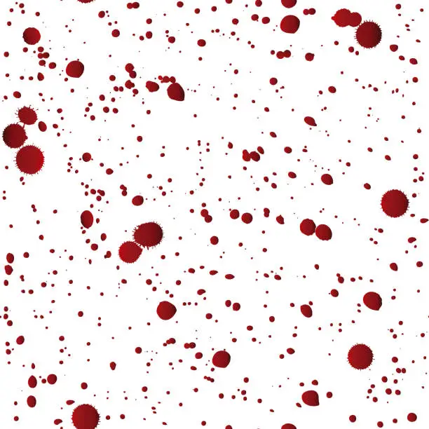 Vector illustration of Halloween seamless pattern with red ink spots, drips and splashes that look like blood texture on white background.