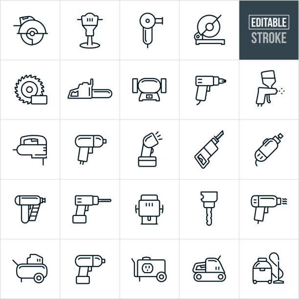 Power Tools Thin Line Icons - Editable Stroke A set of power tools icons that include editable strokes or outlines using the EPS vector file. The icons include a circular saw, jack hammer, grinder, miter saw, saw bade, chainsaw, drill, paint sprayer, jig saw, impact wrench, flash light, reciprocating saw, rotary tool, nail gun, router, drill press, heat gun, air compressor, impact gun, generator, sander and shop vacuum. drill stock illustrations